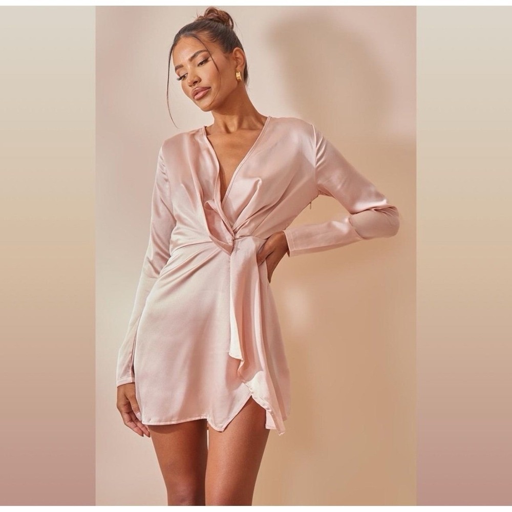 Pretty Little Things Satin Long Sleeve Wrap Dress Nude Pink Size 12 NWT